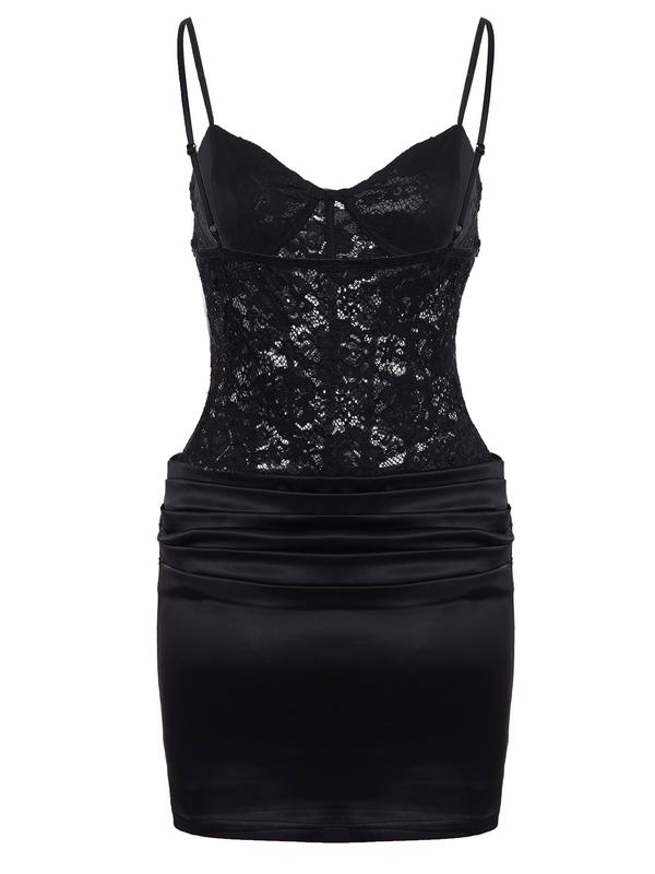 Sexy Series Chest Lace Hollow Splicing Satin Bottom Thin Strap Dress European and American Style Women's Tight Party Bag Short Outfits Music Festival Dressing