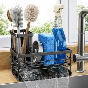 Sink Caddy Sponge Holder for Kitchen with Brush Holder and Stainless Steel Self Drain Tray, Rustproof Kitchen Sink Organizer for Sponge, Soap Dispenser Storage Accessories (Black)