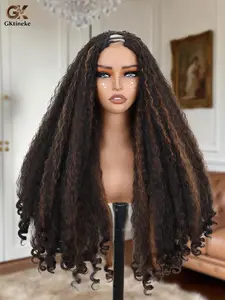 Gktineke New Afro Curly V Part Wig Synthetic Braided Hair Texture with Unique Bouncy Curls in the End 28 Inch Soft Curly Full Hair V Part Long Wigs Machine Made Wigs Synthetic for Black Women No Leave out Clip in Half Wig