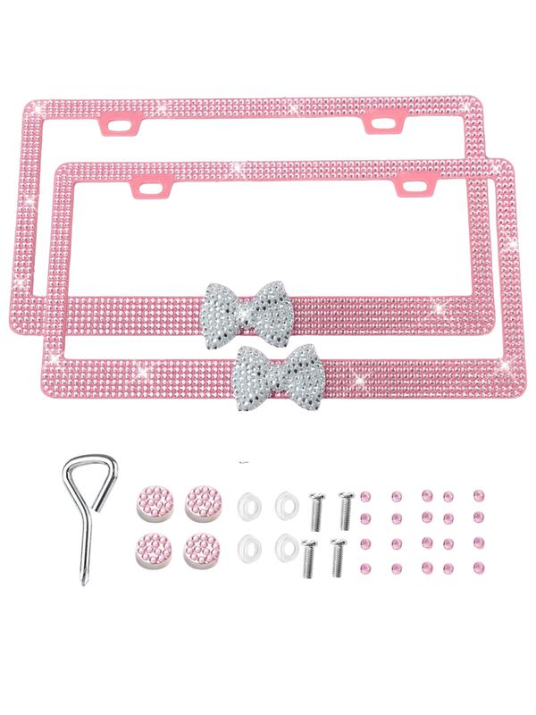 2 PCS Of Dazzling Plastic Bow License Plate Frames For Women, Personalized Car Plate, Glittering Rhinestone Diamond Car Parts License Plate Frames And Glittering Crystal Hats