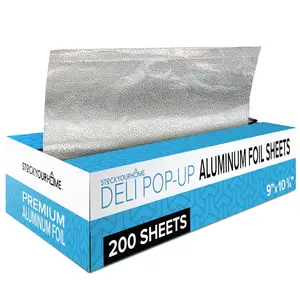 200 Count Pre-Cut Deli Aluminum Foil Sheets, 9” Pop Up Foil Sheets for Restaurant, Disposable Foil Sheets for Food, Tin Foil Sheets for Burrito, Hot Dog or Sandwich, Stock Your Home, Silver