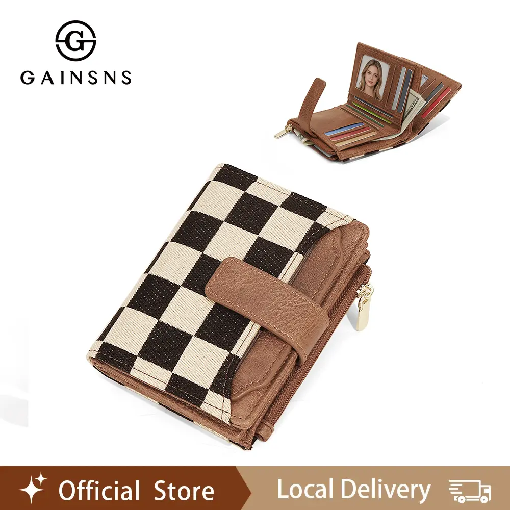 GAINSNS Checkered Plaid Wallets for Women Fashion Card Holder for Daily Use Large Capacity Short Wallet with Card Slots ID Windows Zipper Pocket Casual Style