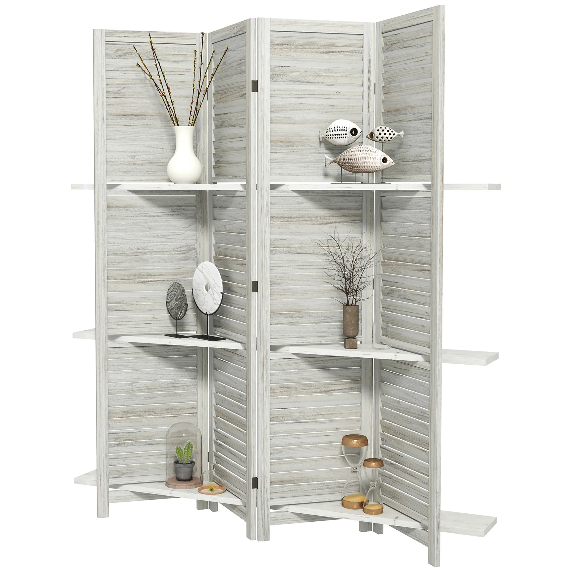 Wood Privacy Screen Room Divider - 4-Panel, 67" Tall, with 3 Shelves, Folding Storage, Distressed White for Bedroom