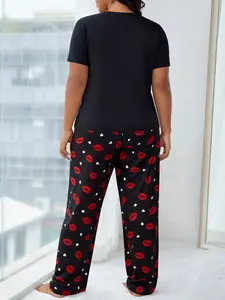 Plus Size Women's Sleepwear Pajama Loungewear Homewear Pjs Set, Casual Round Neck Short Sleeve Long Pants, Sexy Lip Print, Elegant Comfortable, Wearable at Home