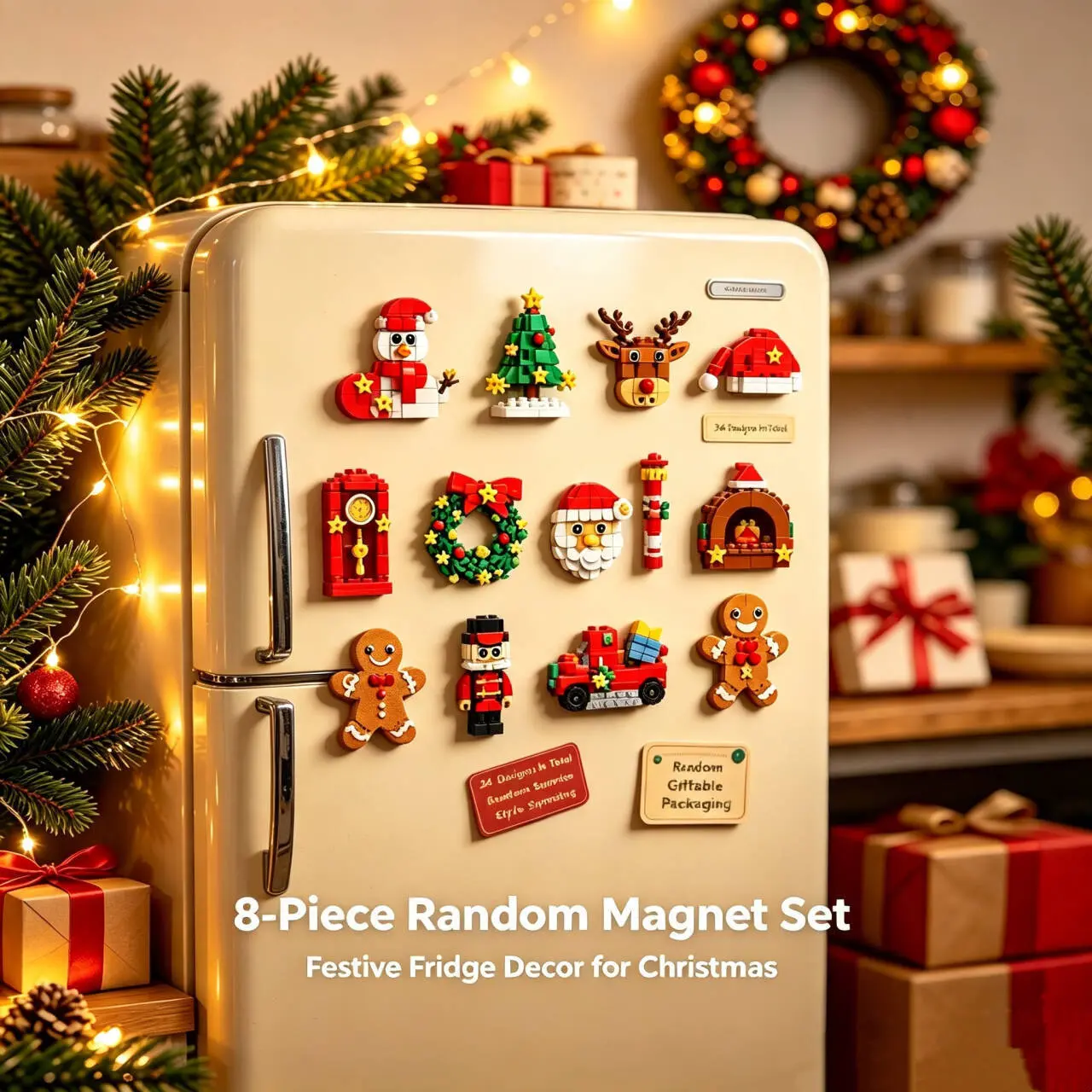 8 Pack Christmas Building Block Fridge Magnets, Fun DIY Decor Craft Kit with Santa,Tree Motifs, Family Craft Activity, Assorted Random Styles
