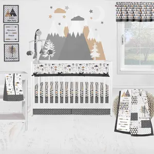 Bacati - Woodlands 10 Piece Crib Bedding Set with Long Crib Rail Guard Beige/Grey Neutral