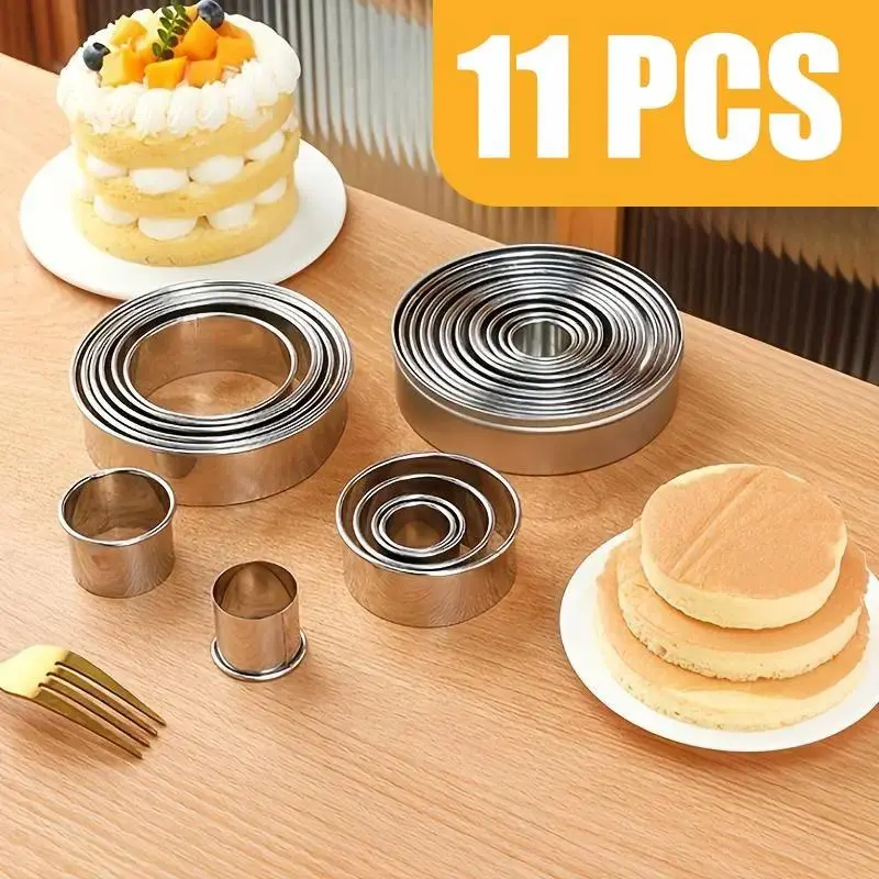 11-Piece Non-Toxic Stainless Steel Anti-Adherent Cake Ring Bakeware Kit - Reusable Oblong Ring, Cake Cup, Cookie Cutters, Mousse & Pastry Molds for Halloween, Birthday Desserts, Home Baking, Home Use