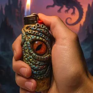 Eye of the Flamekeeper - Dragon Scale Lighter Cover Hand-Sculpted Iridescent Blue Bronze Gold Dragon Eye Centerpiece for BIC Lighters