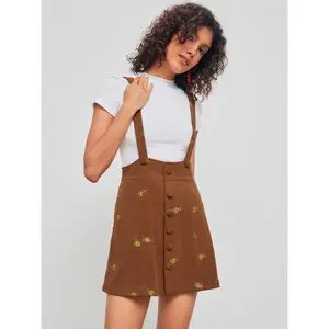 Cider [size 0-26] Corduroy Floral Embroidery Button Mini Overall Dress