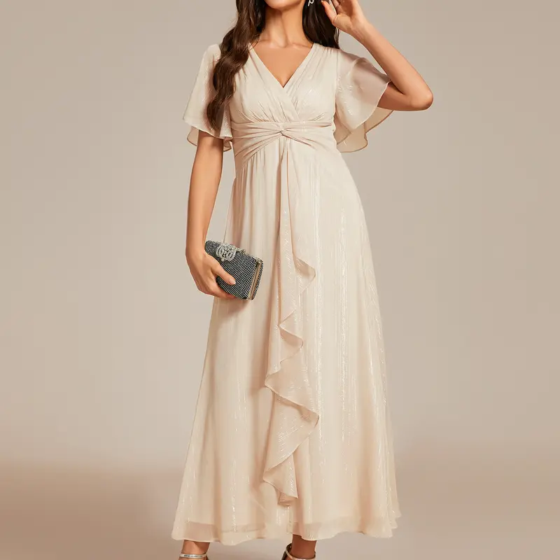 Ever-Pretty Silver Metallic Fabric V-Neck A-Line Wedding Guest Dress featuring Delicate Ruffled Hem 02131