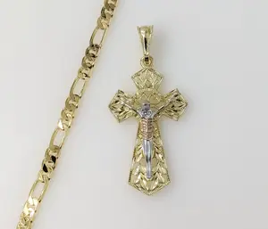 Plated Tri-Color Cross 5mm Figaro Chain Necklace