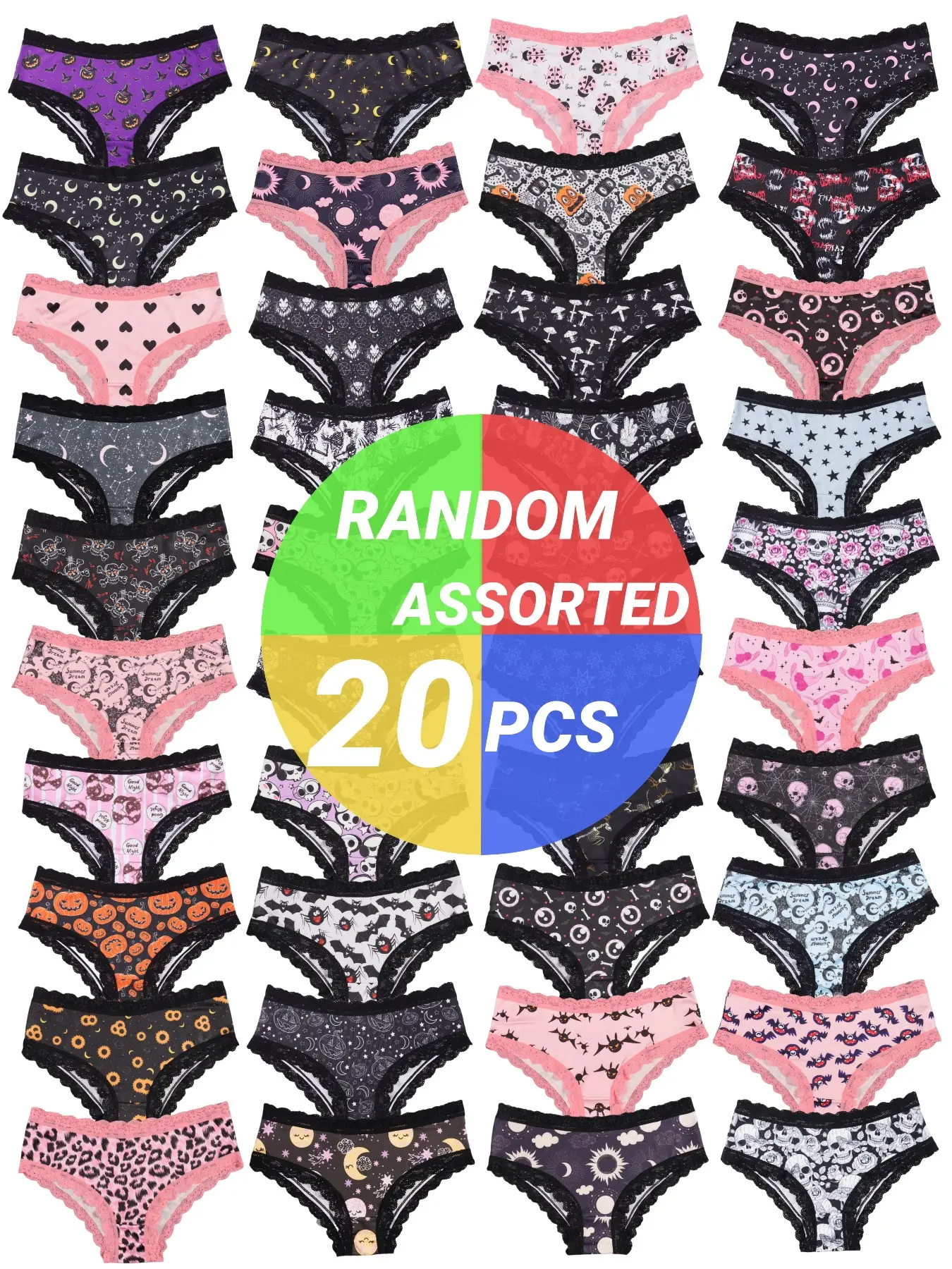 Morvia Gothic Low Waist Fitted Knickers Panties for Women, 20pcs Random Box Set, Lace, Skull, Eye & Star Prints, Comfortable Hippie Style Underwear, Multicolor, Fashion Comfy Underwear, Casual Comfy Panty