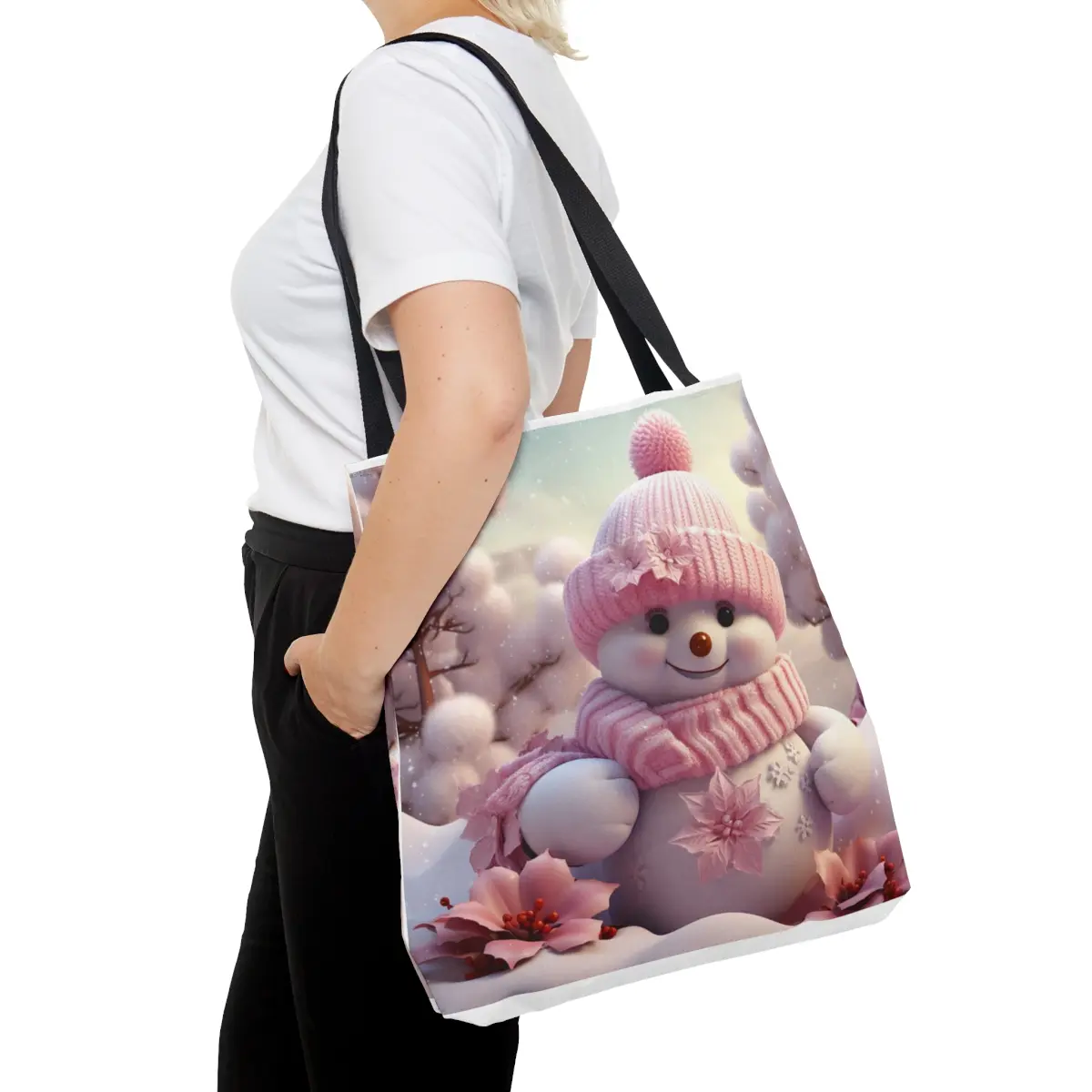 Adorable snowman/snow woman in pink scarf, Christmas Tote, Christmas bag, frosty the snow man, snowflakes and snowballs   Tote Bag (AOP)