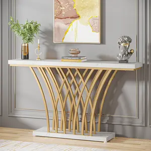 LITTLE TREE 59 inch Gold Console Table, Modern Entryway Table with Grid-Shaped Metal Base for Entrance, Hallway, Entryway, Living Room