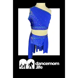 Azure Goddess Two-Piece Dance Costume | Rhinestone One-Shoulder Top & Skirt | Girls Size 10 | Latin Jazz Performance