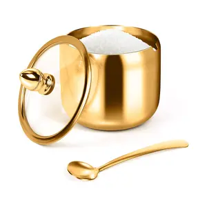 10oz Gold Sugar Bowl With Lid And Spoon, Multifunctional Seasoning Container For Coffee Bar, Salt Sugar Coffee Bean Storage