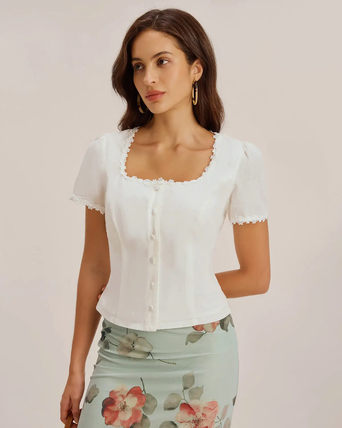 RIHOAS Women's Elegant Cotton-Linen Dressy Top, Shortsleeve Square Neck Button Front Blouse with Lace Trim, Dressy Tops, Hip Length, Classy Tops Going Out, Ready To Wear