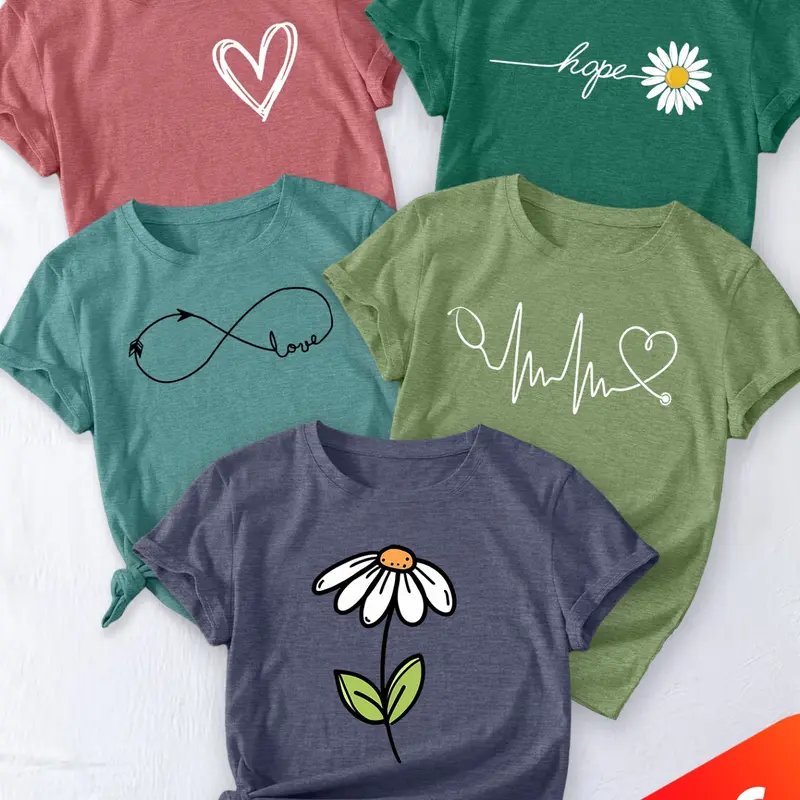 Fashion Simple Heart/Letter/Floral Print Round Neck Summer Short Sleeve T-Shirts, Beachy Tee, Casual Tee Tops, Casual Fitted Women's Top for Everyday Wear, 5-Piece Set