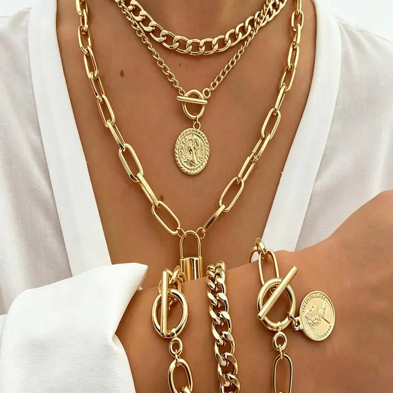 Pearl Head OT Buckle Multi-Layer Bracelet Necklace Set, Trendy Jewelry Set, 6-Piece Fashionable Casual Wear, Korean Style Accessories