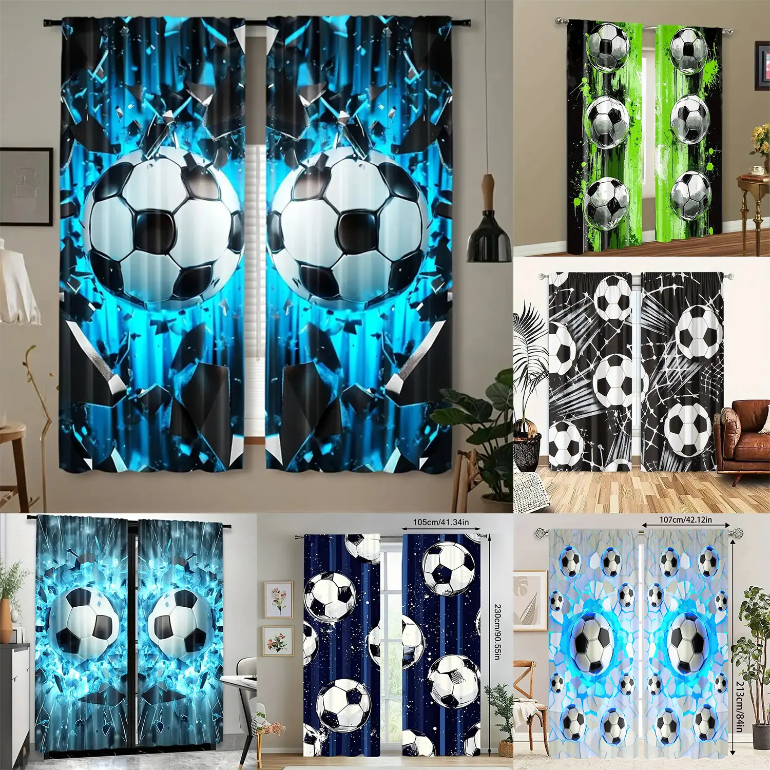 2pcs High-Definition Digital Print Football Pattern Window Curtains, Polyester Material, Semi-Transparent Privacy Protection, Washable, Home Decor