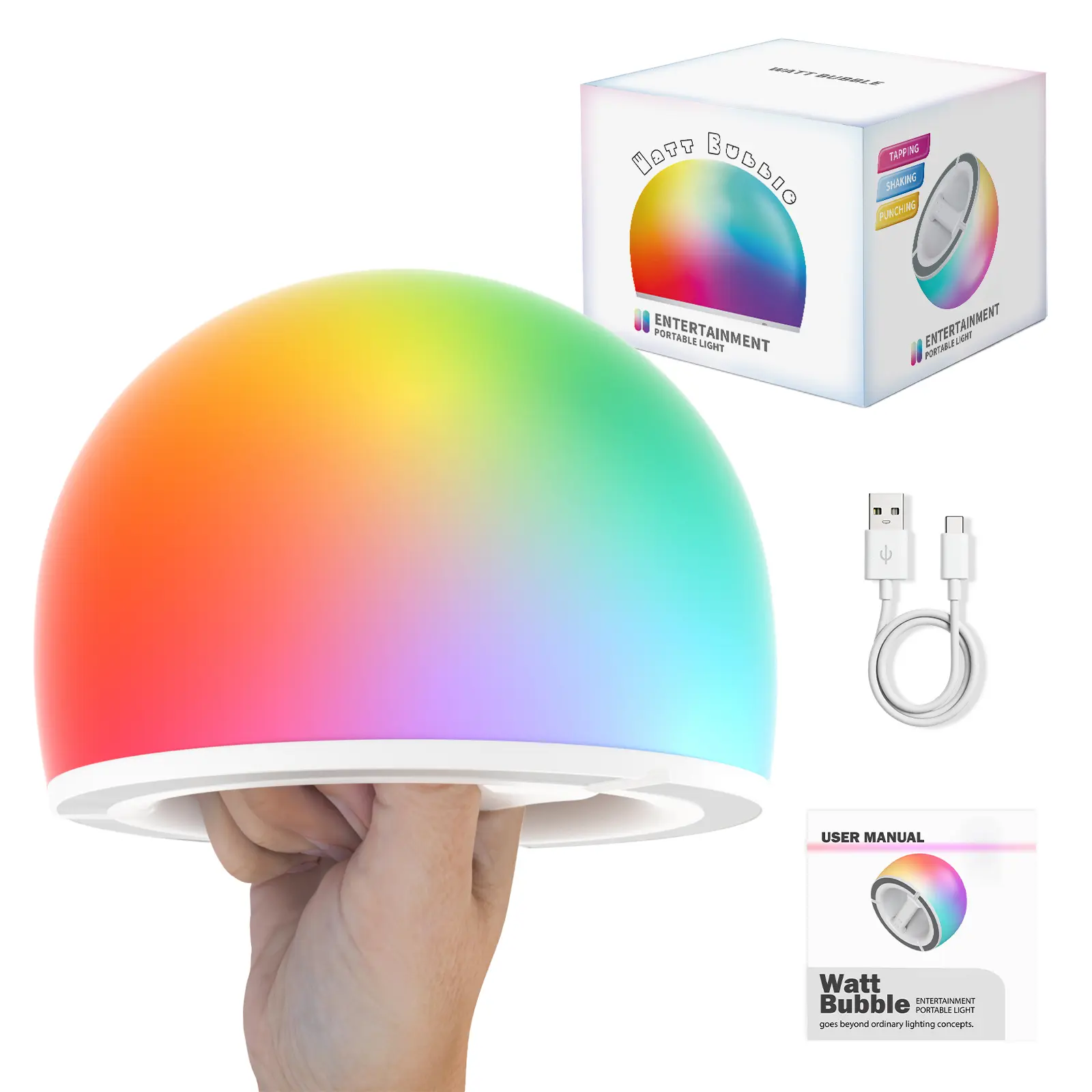 Watt Bubble Sensory Toy Interactive LED Stress-Relief Toy – Tap & Squeeze Night Light, 6-Inch Rechargeable Glowing Ball, 3 Modes, 29-Color Ambient Light, Perfect Gift for Kids & Family