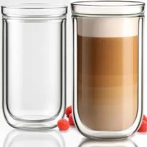 Double Wall Glass Cup 16oz 2 count, Clear Insulated Coffee Drinking Glasses, Single Mouth/Double
