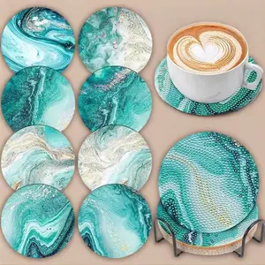 Create Stunning Ocean Marble Coasters 8 Pcs Diamond Art Painting Coasters with Holder DIY Kit for Beginners Diamond Art Craft Supplies for Adults Kids Drink Coaster Set