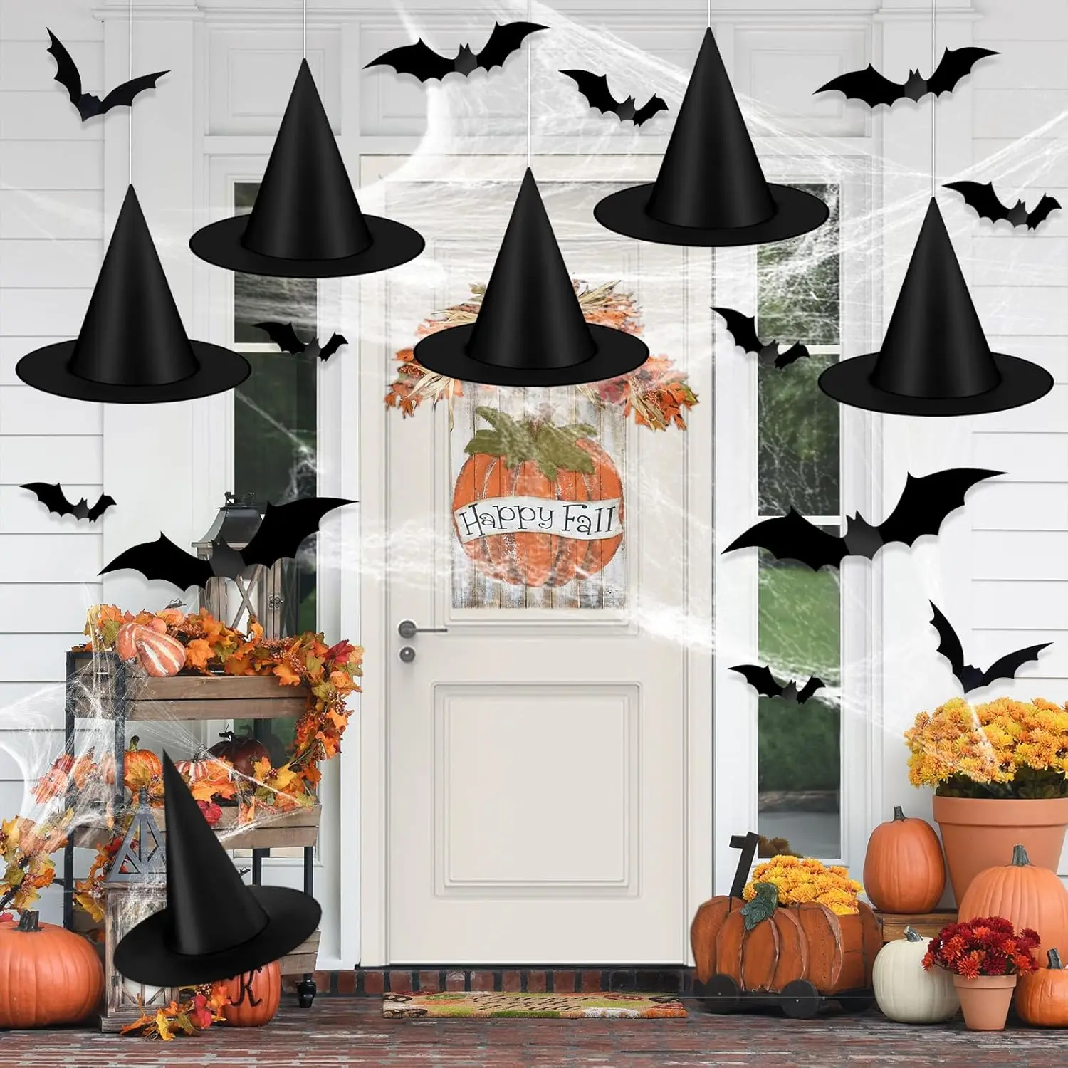 6 PCS Black Halloween Witch Hats with 3D Bats Stickers, Hanging Witch Hats for Halloween Indoor Outdoor Yard Decor Party Decorations Wizard Hat