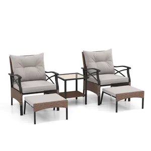 COSTWAY - 5 Pieces Wicker Patio Furniture Set Ottomans and Cushions and 2-Tier Tempered Glass Side Table-Brown