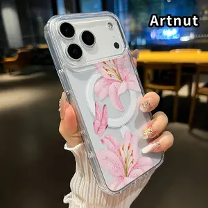 Magnetic Case for iPhone 17 Pro Max Air Promax Pink Lily Reverie Pattern Hard Acrylic Back Soft TPU Edge Four Corners Bumper Shockproof Cover Shell Gift for Girl