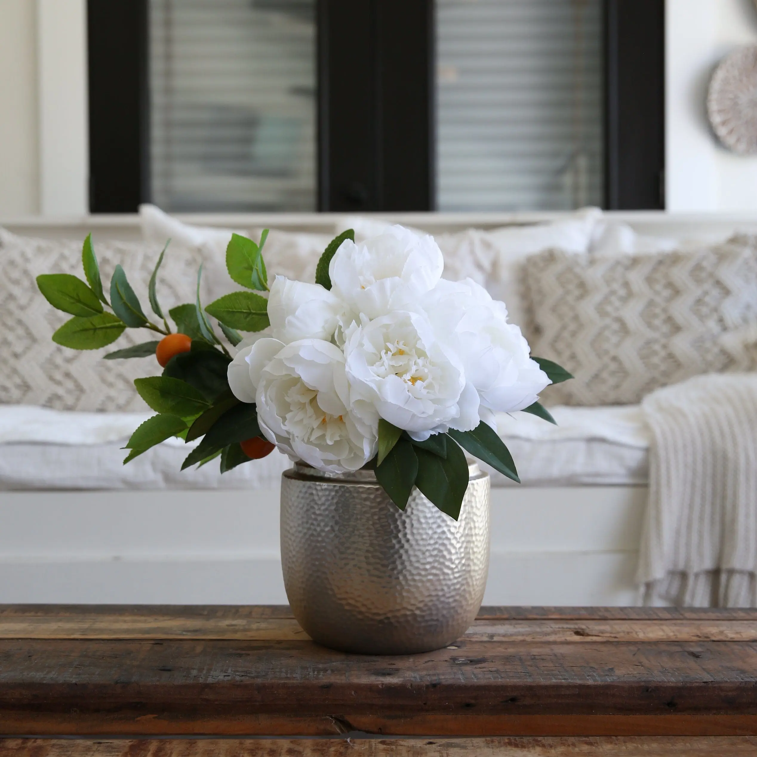 16 in Silk Peony Flower Arrangement with Decorative Vase - Natural Look Artificial Plants, Peonies for Home, Entryway-Bathroom Decor