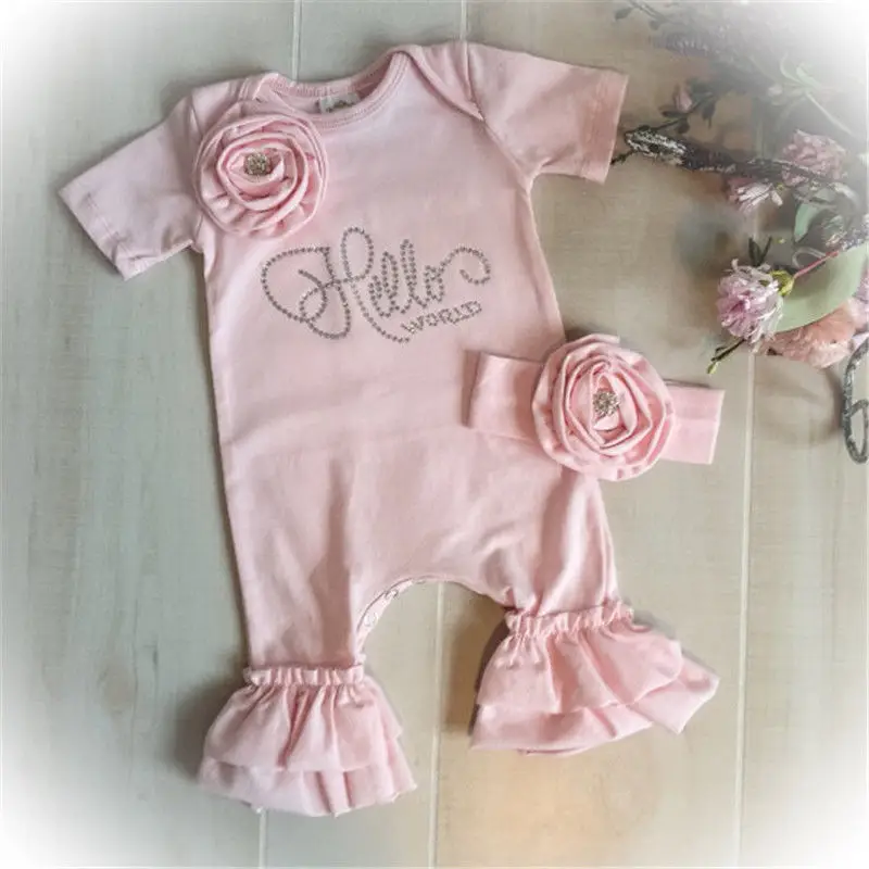 Newborn Infant Baby Girls Lovely Long Sleeve Button Cotton Floral Print Pink Romper with Headband 2PCS Outfits 0-18M