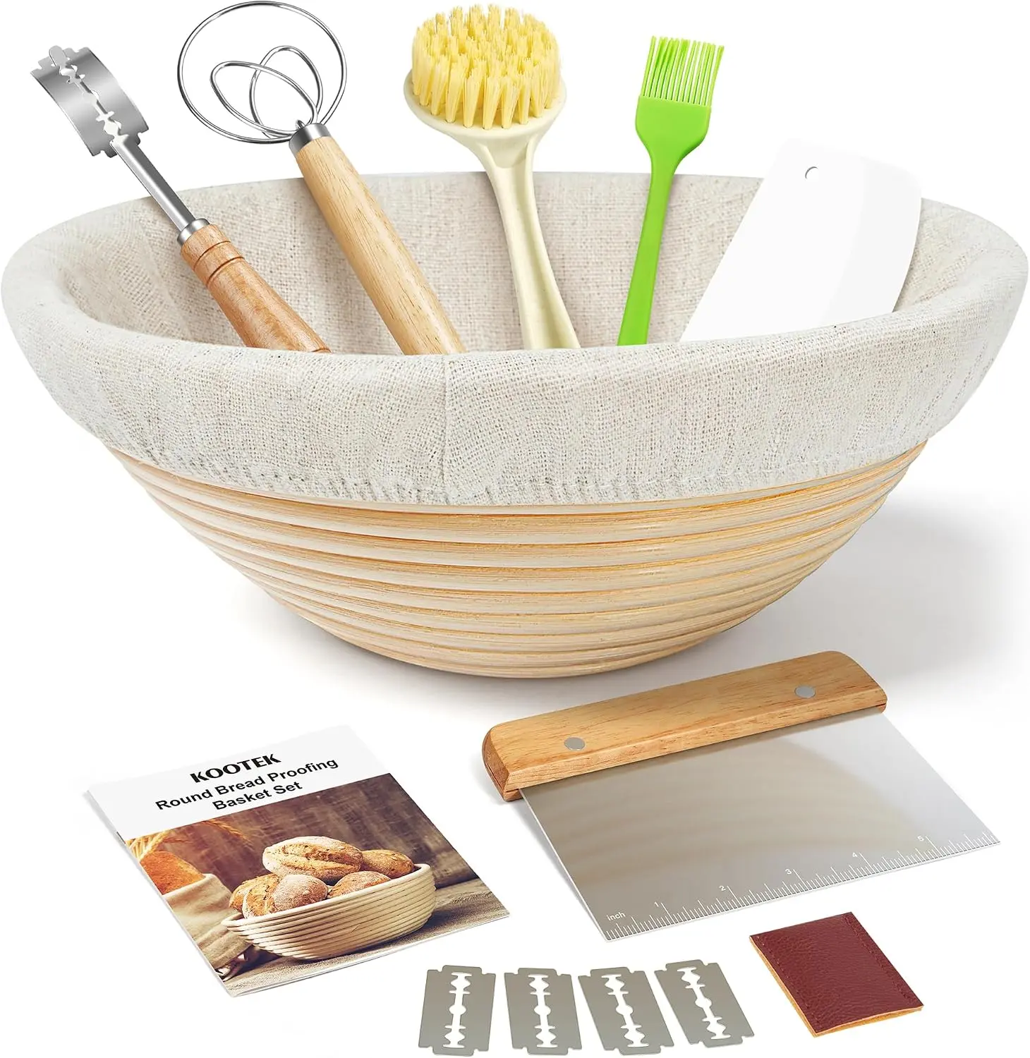 Banneton Bread Proofing Basket with Accessories, 9 Inch, Round Grade-AA Rattan Basket, Sourdough Bread Starter Kit, Cloth Liner, Scraper, Whisk, Scoring Lame, Dish Brush, Silicone Brush