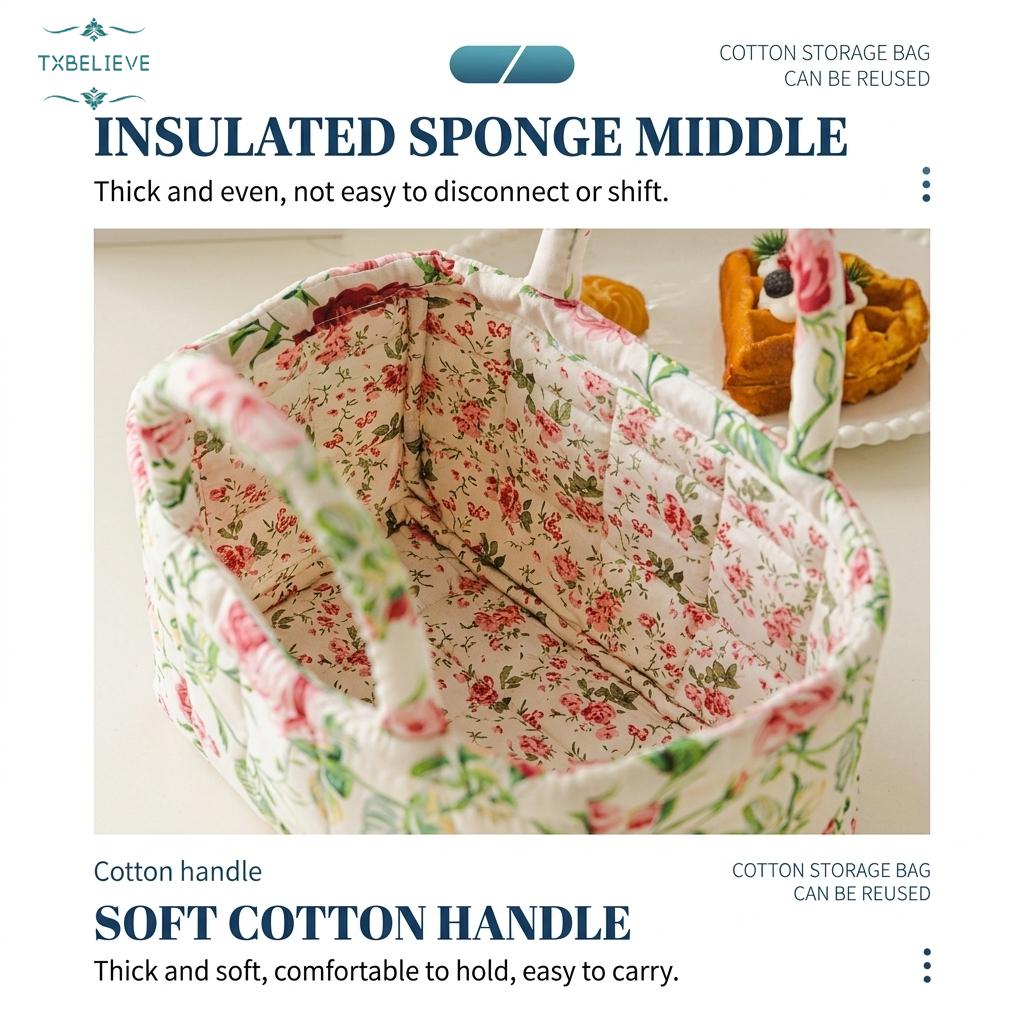 Quilted Fabric Storage Basket with Handles – Boho Foldable Floral Organizer Bin for Home, Picnic, Shopping, Travel