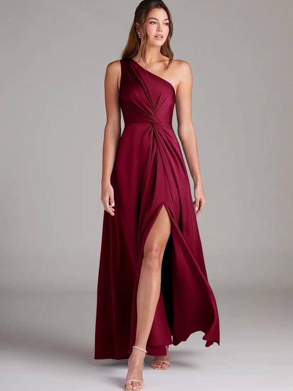 Azazie Brooke One Shoulder Pleated Knot Slit A-line Bridesmaid Wedding Ceremony Stretch Satin Dress Azazie Brooke One Shoulder Pleated Knot Slit A-line Bridesmaid Wedding Ceremony Stretch Satin Dress