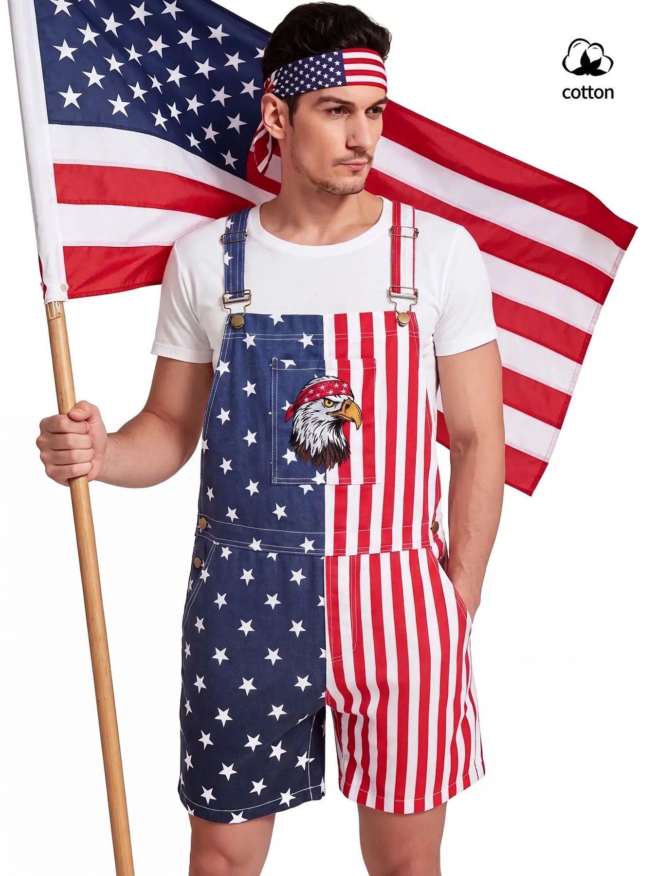 Men's American Flag Star Striped Denim Usa Print Jumpsuit Overalls, Adjustable Shoulder Straps, Large Pockets, Casual Summer, Usa Independence Day Theme, Menswear