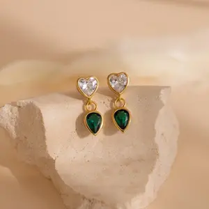 Emerald Heart Drop Studs by Caitlyn Minimalist - Dainty Emerald & Diamond Dangle Earrings - Birthstone Jewelry - Gift for Her
