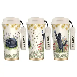 [Made in US]  Garden Black Cat Coffee Cup Cartoon, Cute, Fun,Portable Dual Drink Thermos Cup, Thermos Cold Water Cup, Suitable for Hot And Cold Beverages, Suitable for Men And Women, Office, Home, Outdoor, 'S Day Gifts, Thermal, Flasks