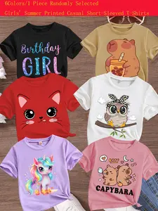 Girls Summer Trendy Fashion Capibara Owl Print Comfortable Versatile Short Sleeve T-Shirt, Casual Loose Fit H-Type Top Gift, Cute Cartoon Clothes