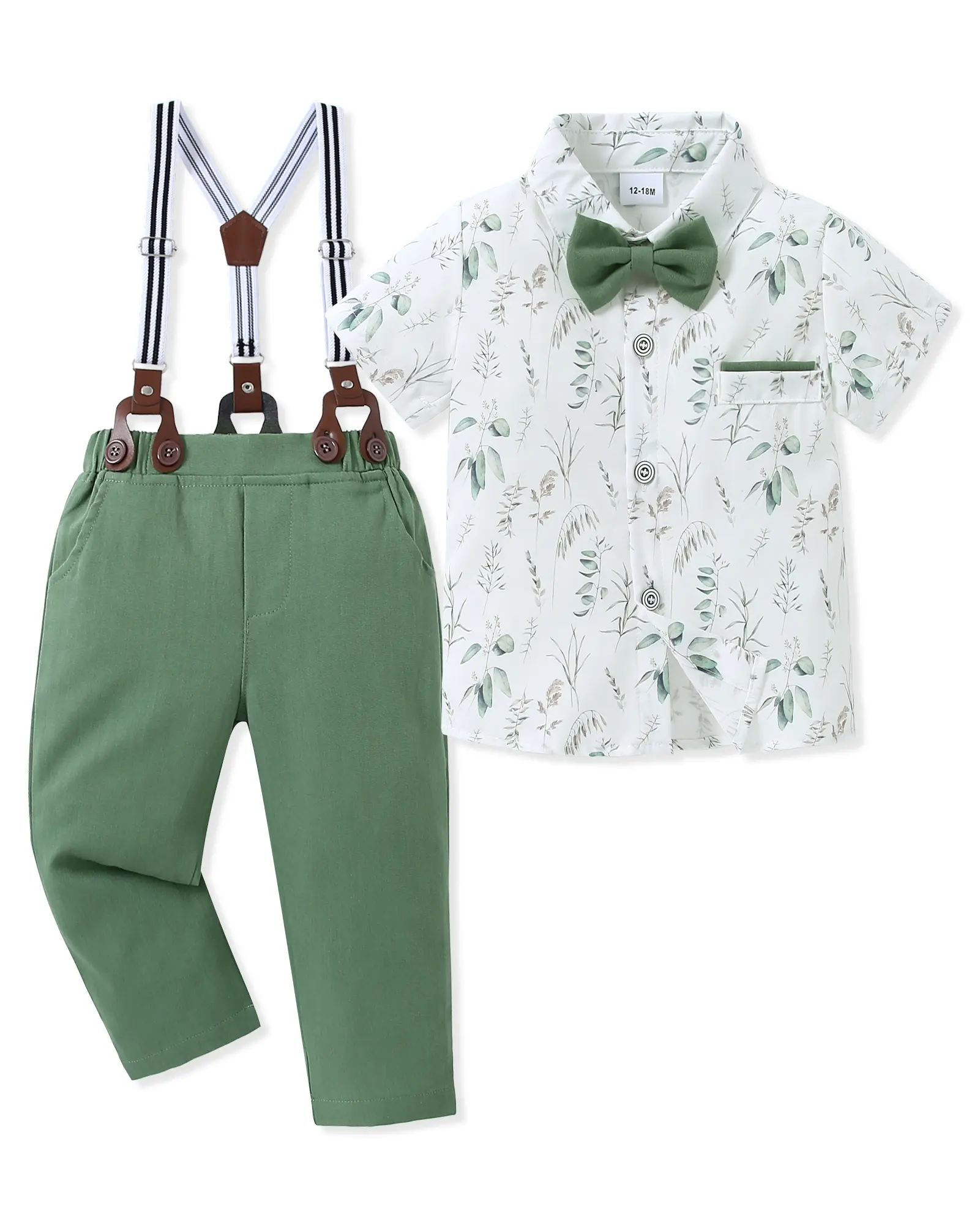 Boys' 2-Piece Formal Gentleman Suit Set (1-5 Years, 12-18 Months Included) - Detachable Bow Tie Short-Sleeve Dress Shirt, Cuff Sleeves, Suspender Pants for Weddings, 1X Short-Sleeve Shirt With Bow Tie