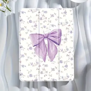 Stylish purple floral and bowknot pattern, with adjustable stand and pencil holder , foldable non-slip TPU protective case, suitable for Samsung, iPad mini, iPad Air, iPad Pro/iPad 10th generation, 11th generation and other iPad series protective cases.