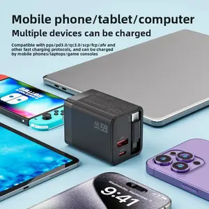 65W GaN Retractable Cable Charger Compatible with A+C Dual Port Fast Charging Full Protocol Charger Head