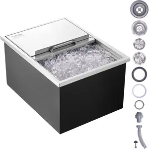 VEVOR Drop in Ice Chest, 24 Lx 20 Wx 15 H Stainless Steel Ice Cooler, Commercial Ice Bin with Hinged Cover, 40 qt Outdoor Kitchen Ice Bar, Drain - Pipe and Drain Plug Included, for Cold Wine BeerVEVOR Super Brand Day