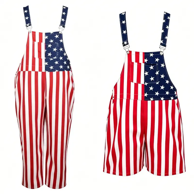 Striped American Flag Overalls - Red, White & Blue Star Design, 4th of July Outfit, for Sports, Outdoors Casual Wear, Short Overalls, Jumpsuits Overalls