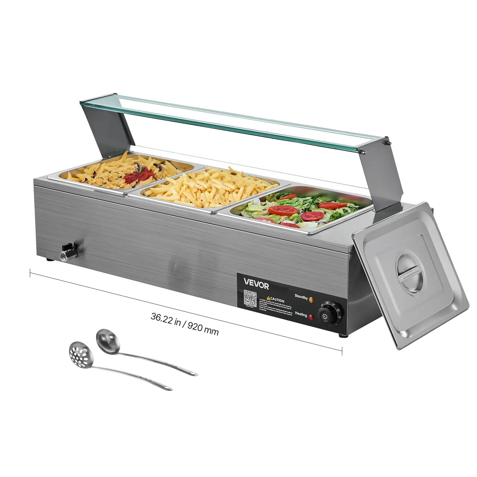 【DealsForYouDays】VEVOR Commercial 1500W Electric Stainless Steel Steam Food Warmer, 3-Pan (3 x 1/2-Size Pans) Countertop Buffet Bain Marie with Glass Cover, Drain Valve, Soup & Perforated Ladles, 36.22x14.37x15.16in, 37.04lbs, for Catering & Restaurant, S