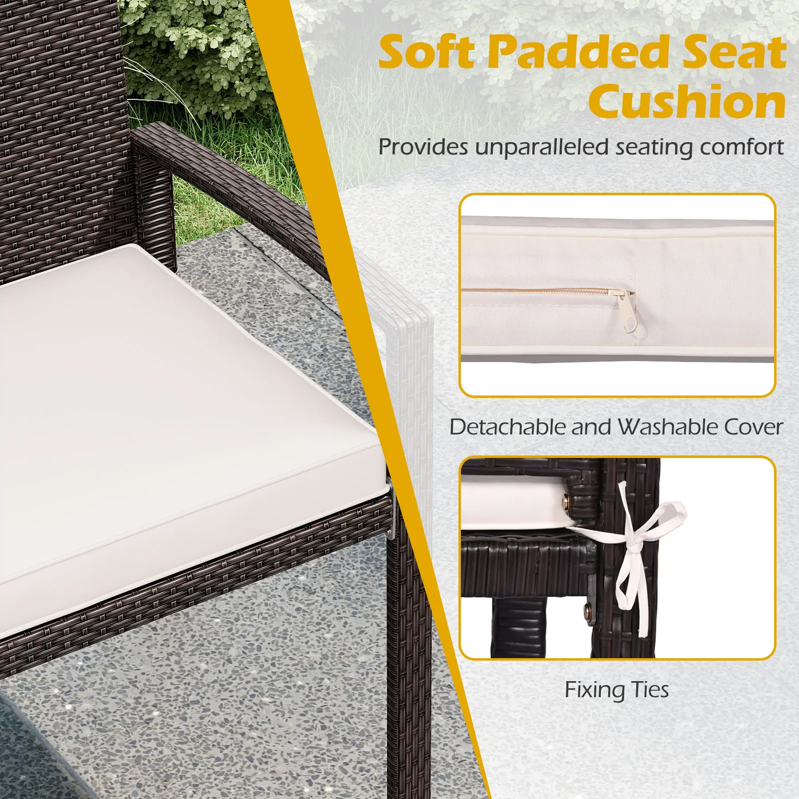 COSTWAY - Wicker 2-Seat Bench with Soft Seat Cushion and Metal Frame-White