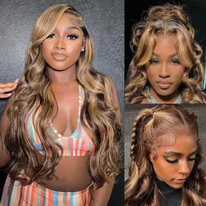 Anyweek Honey Blonde Ombre Lace Front Wig Human Hair Highlight Body Wave 13x6 Lace Front Wigs Pre Plucked Glueless HD Lace Frontal Wig for Women 4/27 Colored