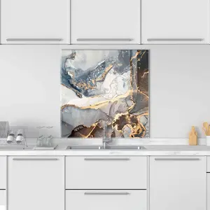 GCKG Luxury abstract fluid art painting mixture dark blue gray gold paints Tempered Glass Kitchen Backsplash, Stove Back Cover, Stove Splashback, Cutting Board, Kitchen Wall Decor