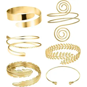 6 Pieces Arm Cuff Upper Arm Band Cuff Bracelet Bangle for Women Silver Golden Adjustable Armband Set