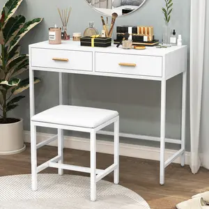 White Modern Dressing Desk with Stool and 2 Drawers Vanity Makeup Table Metal Frame Vanity Desk